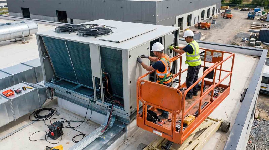 commercial_hvac-seo | localfind.us two construction workers in hard hats and high‑visibility vests work on a rooftop hvac unit on an industrial building.